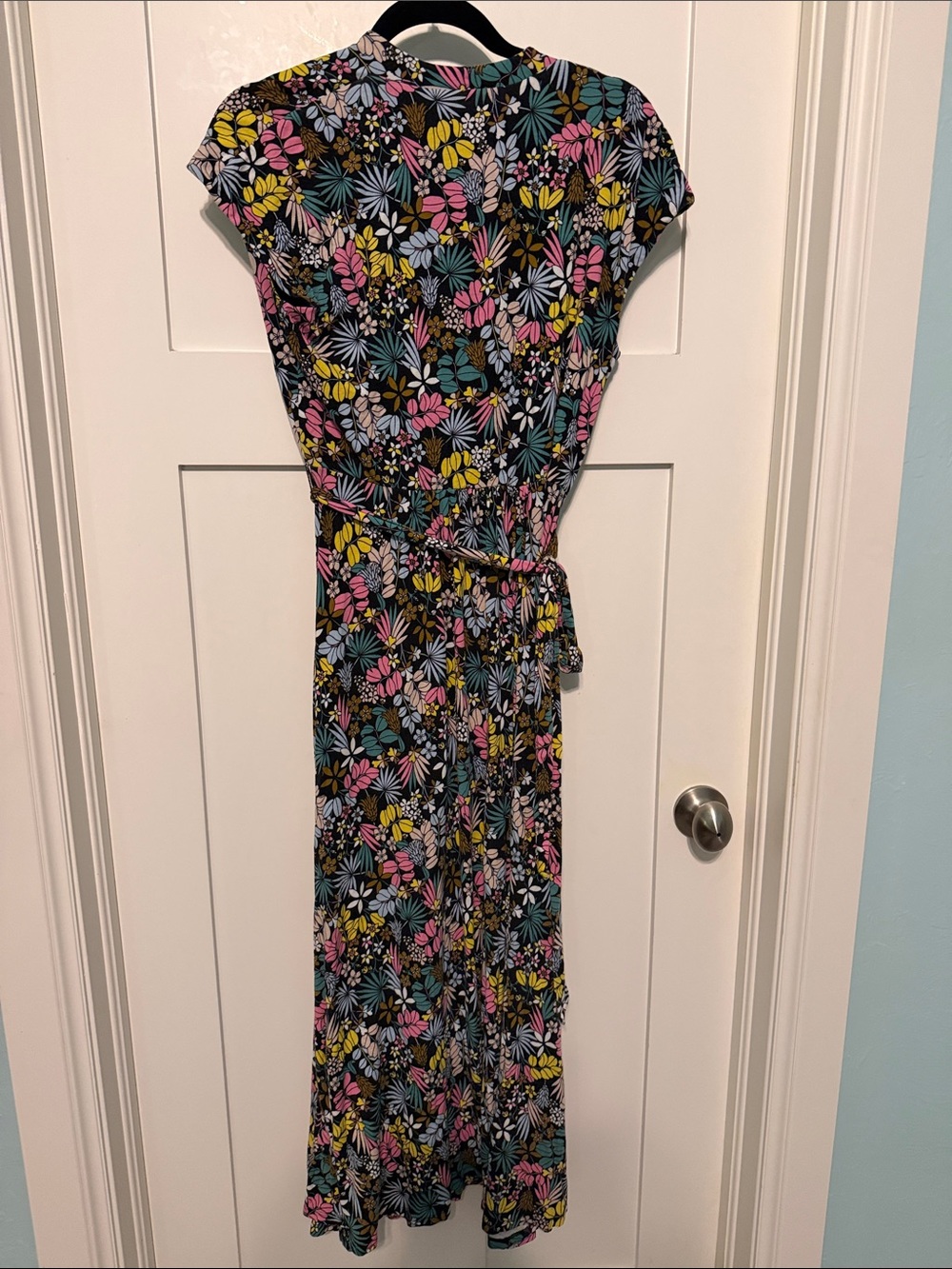 Boden Elenor Jersey Black Floral Faux Wrap Maxi Dress with Pink, Yellow & Blue - Picture 6 of 9